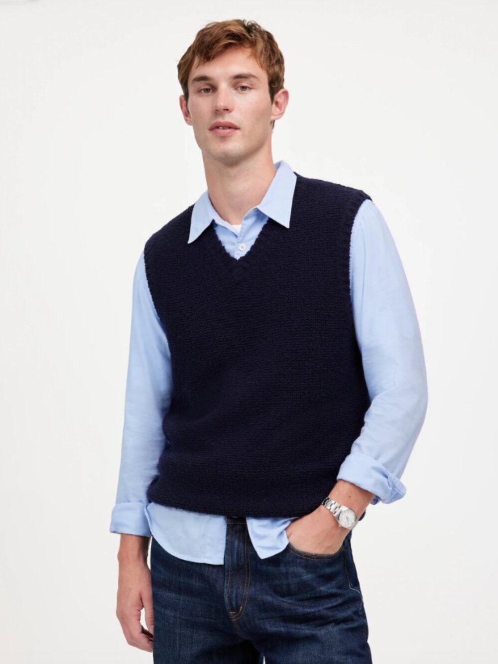 Madewell Mens Navy Blue Boucle Sweater Vest Size L